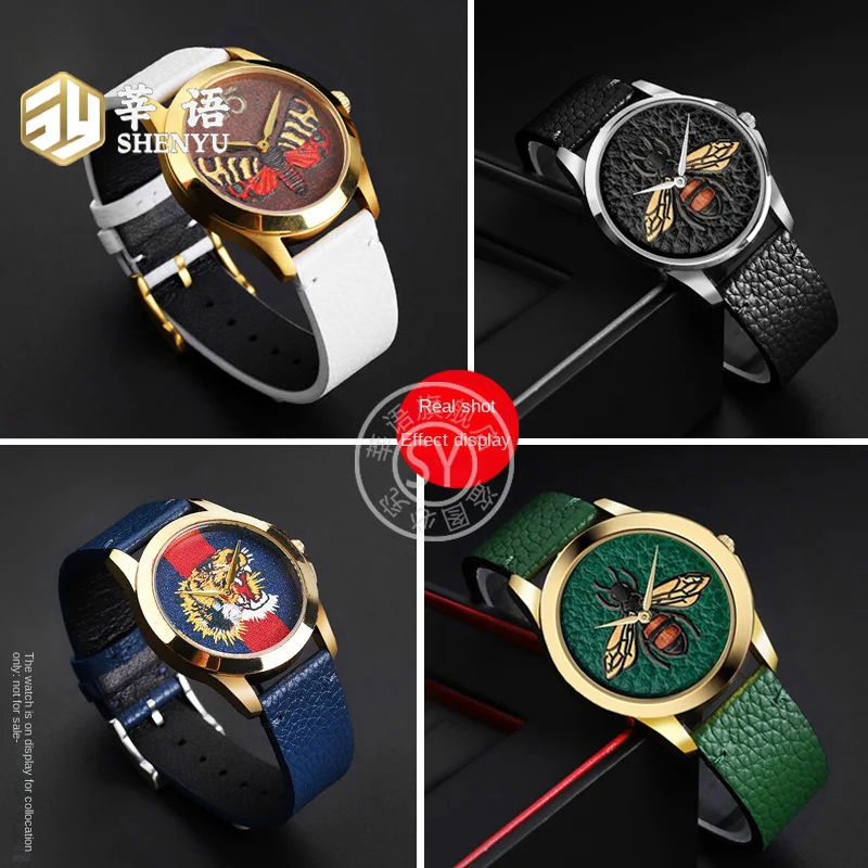 Фото Shenyu для GUCCI G-TIMELESS YA1264065 YA1264067 Burt's Bee вышитый зеленый кожаный ремешок для мужчин и женщин аксессуары для браслетов №5