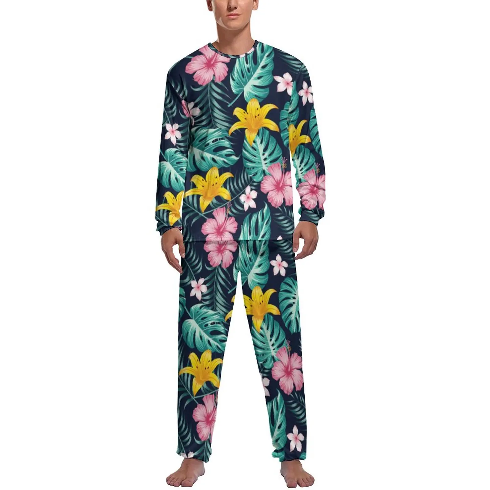 Pink Hibiscus Flower Pajamas Men Palm Leaves Print Elegant Home Suit Winter Long-Sleeve 2 Pieces Casual Graphic Pajama Sets