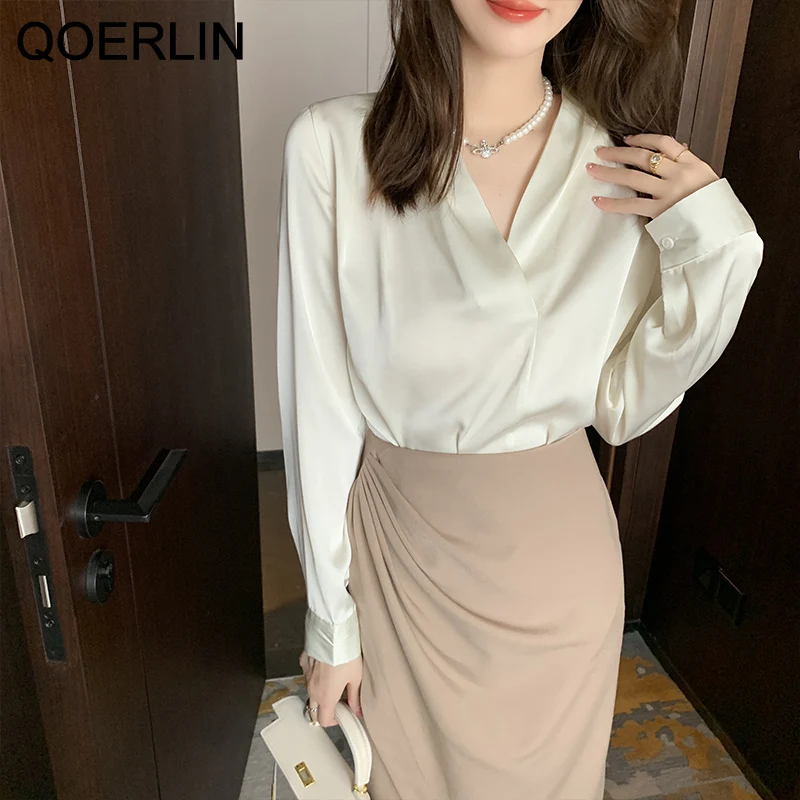 

QOERLIN Stylish Office V Neck Design Blouse Long Sleeve Korean Fashion Chiffon Shirts OL Workwear Apricot Tops Loose Blouses