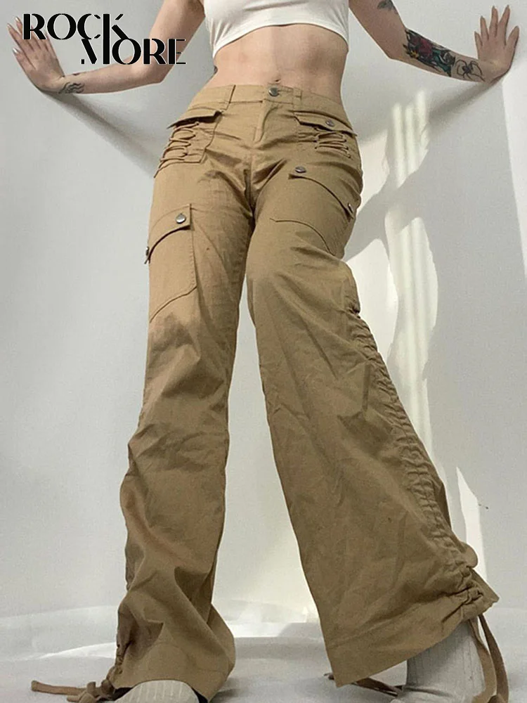 

Rockmore Khaki Baggy Cargo Pants Women Y2K Streetwear Low Waist Drawstring Loose Wide Leg Trousers Vintage Pocket Bottoms Korean
