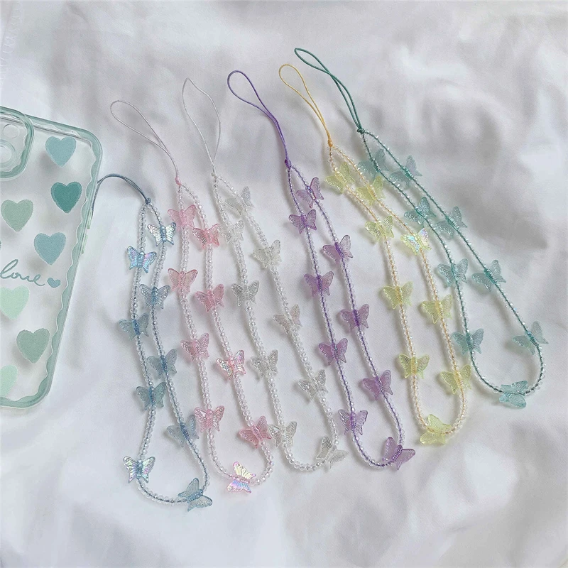 

Cute Candy Colors Crystal Clear Chain Butterfly Beaded Mobile Phones Strap Holders Lanyard for IPhone Xiaomi Samsung Accessories