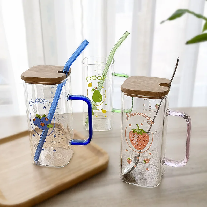 

380ml Glass Cup With Lid and StrawTransparent Bubble Tea Cup Cold Drinks Straw Cup Juice Glass Beer Can Milk Cup Breakfast Mug