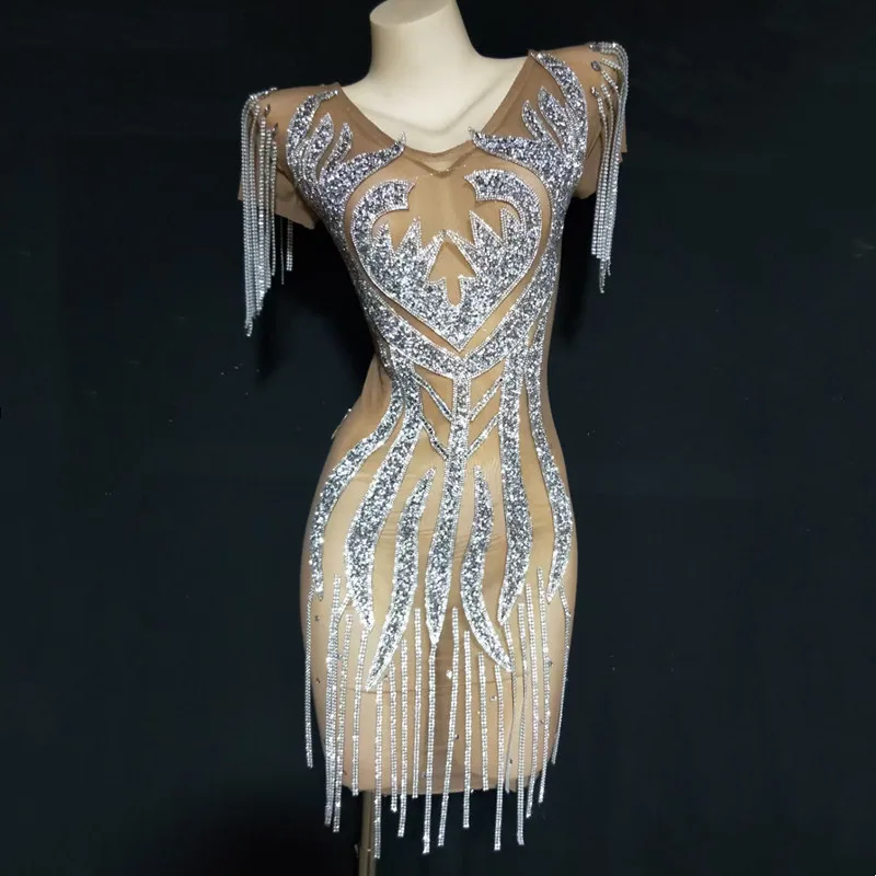 

Женское прозрачное короткое платье стразы с цепочкой, костюм для празднования дня рождения, сцены, концерта, певицы