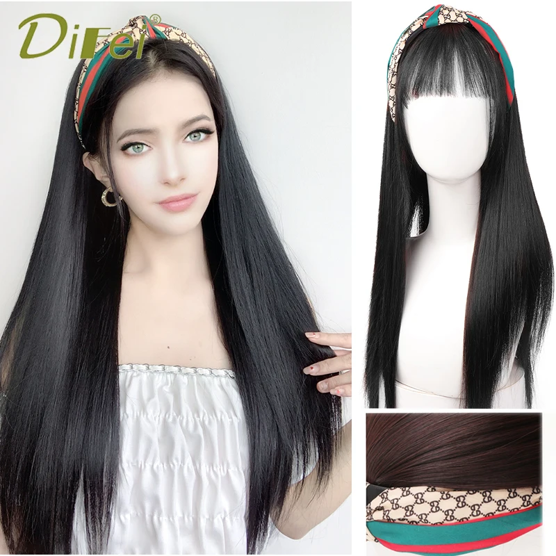 New Concubine Synthetic Hair Hoop Wig Long Straight Hair Natural Black Women Fashion Wig Half Head Cover Heat Resistant Wig