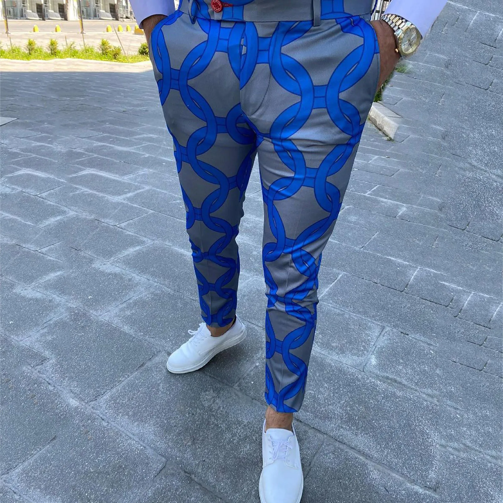 

Men's Zipper Casual Pants Elastic Pants Print Skinny Ring Waist Trousers Pencil Men's pants