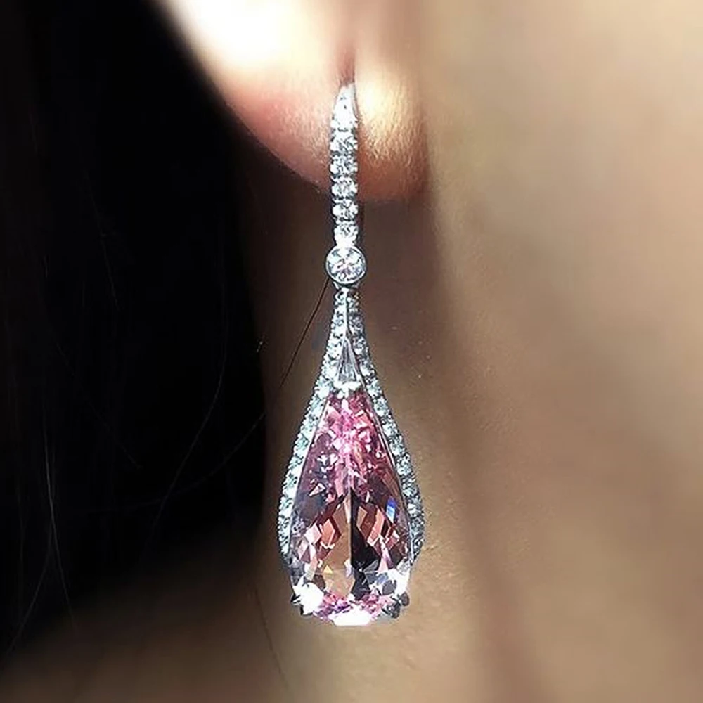 

Huitan Sparkling Cubic Zirconia Drop Earrings Silver Color Luxury Inlay Pink CZ Temperament Women Earrings Party Fashion Jewelry