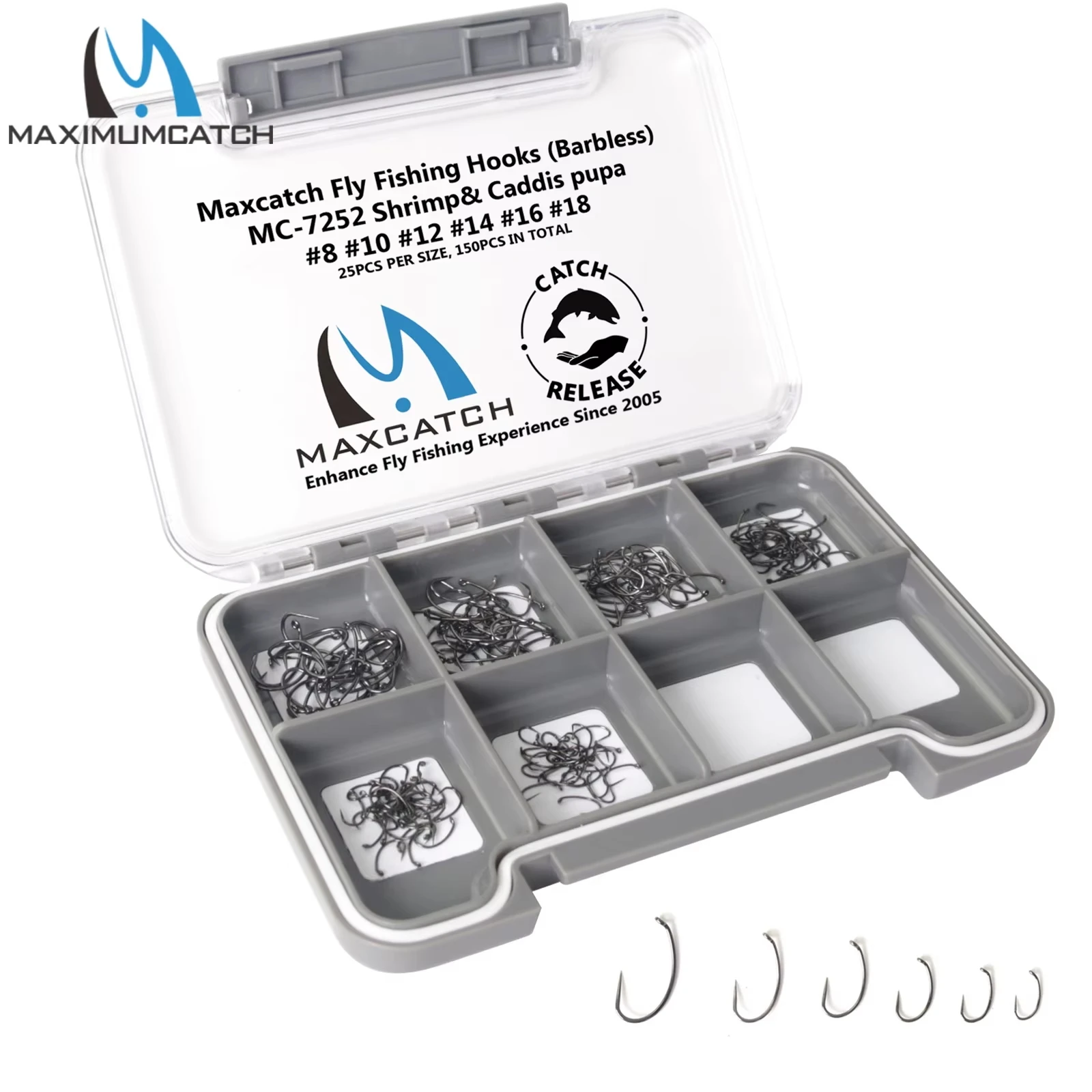 Фото MAXCATCH, 125 шт., набор крючков для завязывания мух без створки, 6 шт. # -18 #   Кованые крючки для ловли нахлыстом Nymph Jig для форели, лосося, окуня, сухих и влажных мушек №1