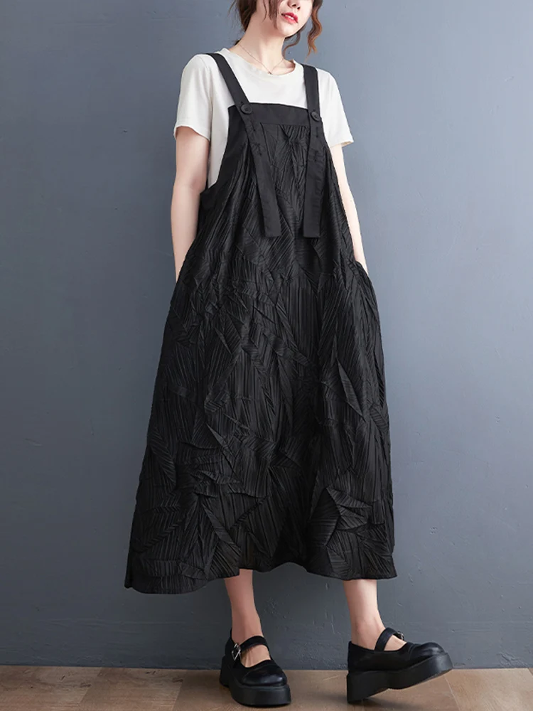 

Женское асимметричное плиссированное платье, черное винтажное платье на бретельках с коротким рукавом, свободное повседневное летнее плат...