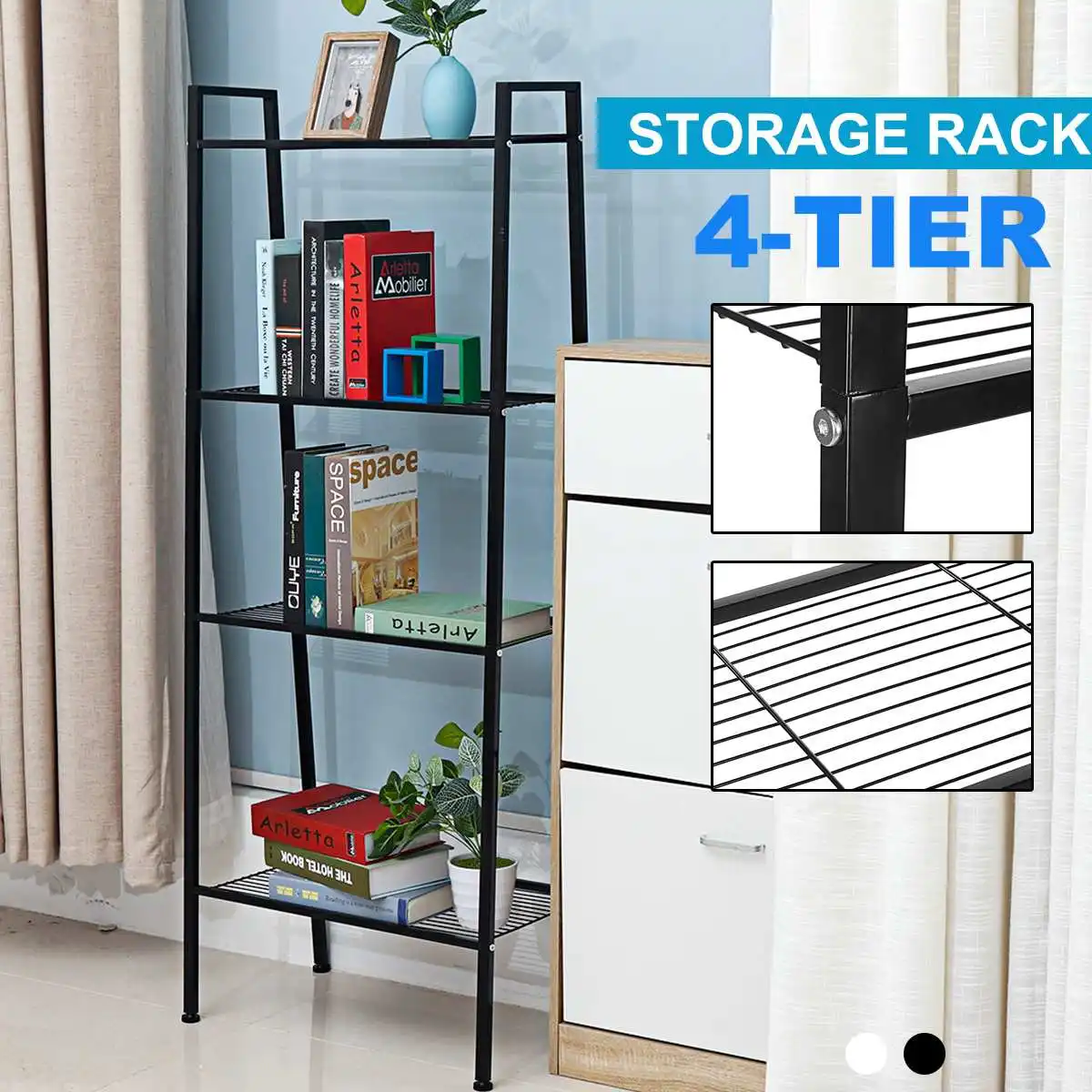 

Ladder Shelf 4-Tier Bookshelf Plant Flower Stand Storage Rack Industrial Organizer Modern Shelves Shelving Bookcase Stable Metal