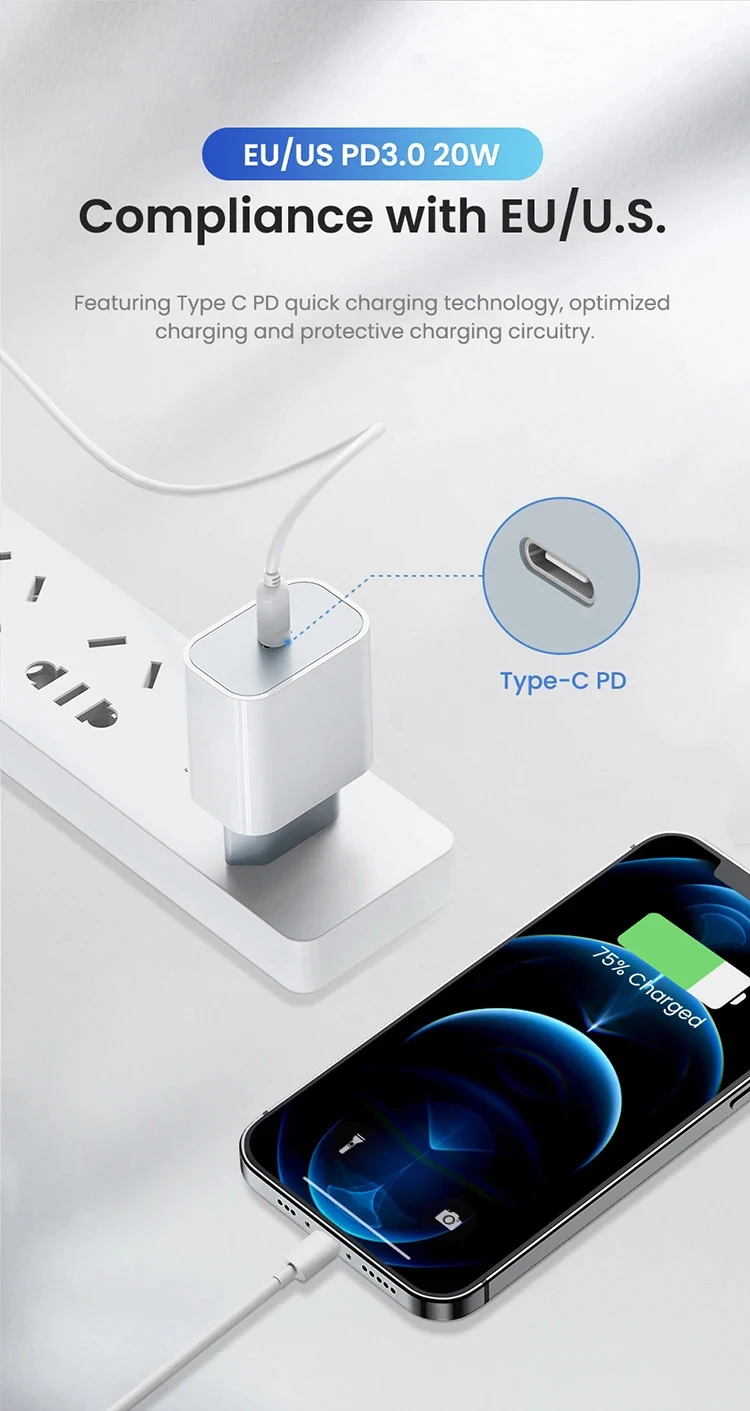 Адаптер питания PD USB-C 20 Вт, быстрое зарядное устройство для iPhone 14 13 12 11 Pro Max, USB Type C, настенная быстрая зарядка X XS XR 7 8 6 Plus, кабель (art.: 3920cd5da5eaf) - 3920cd5da5eaf