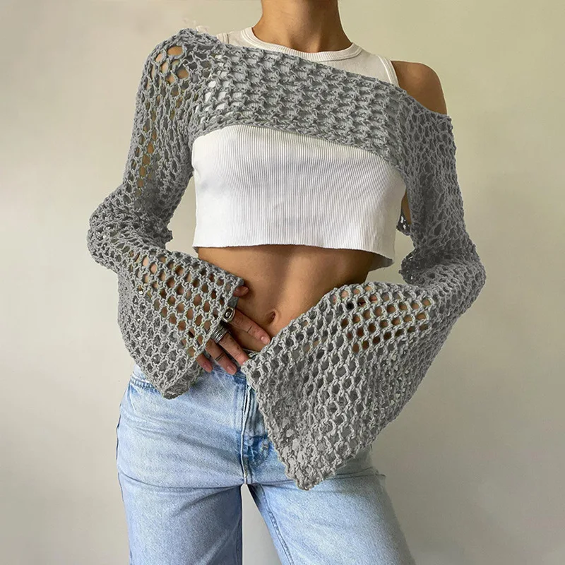 

Flared Long Sleeve Smock Knitted Crop Top Women Y2k Fashion Crochet Beach Cover Ups Sexy Hollow Out Tshirts Party Club Tee Tops