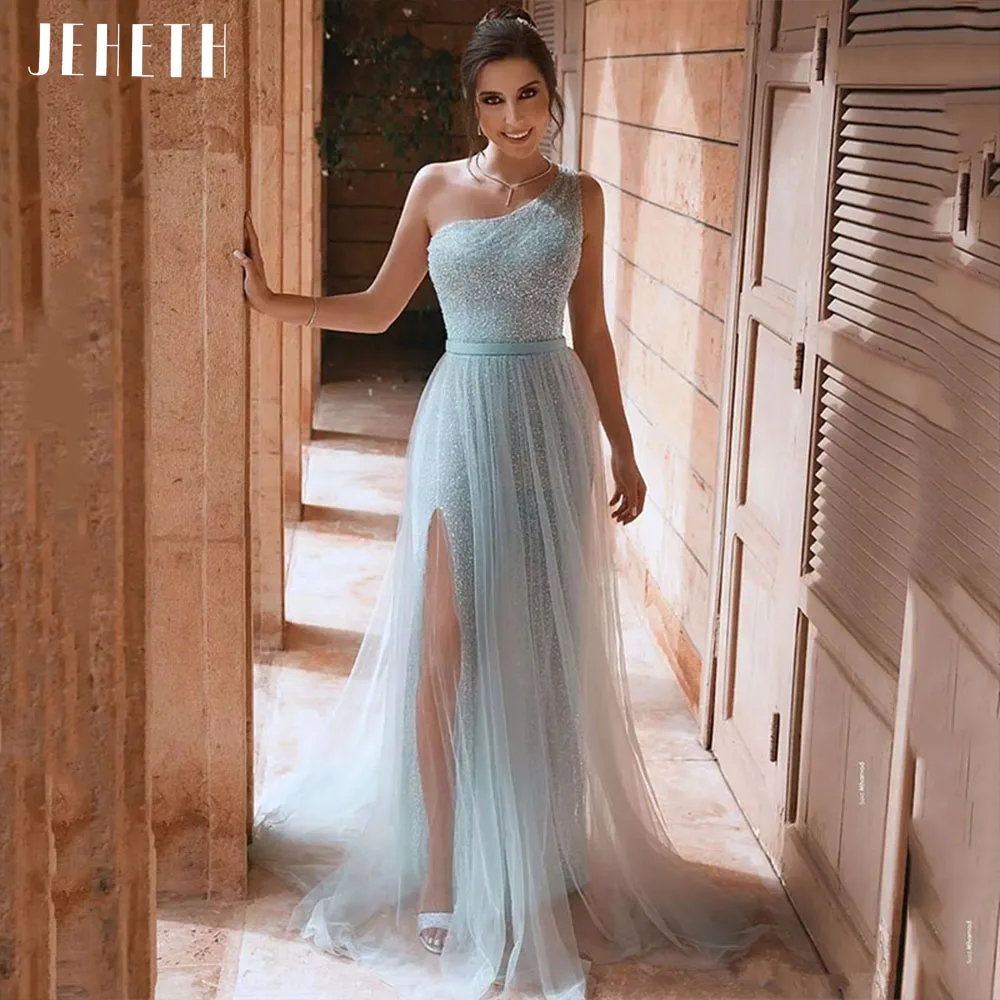 JEHETH Sky Blue One Shoulder Sequined Prom Dress High Split A Line Formal Evening Party Gown Arabic Floor Length robes de soirée