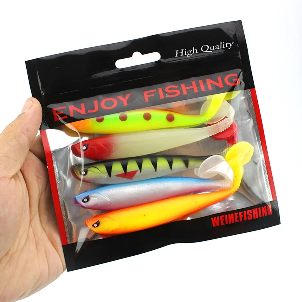 

5pcs Artificial Soft Fishing Lures Baits T Tail 3D Eyes Groove Vivid Fish Baits Accessories peche