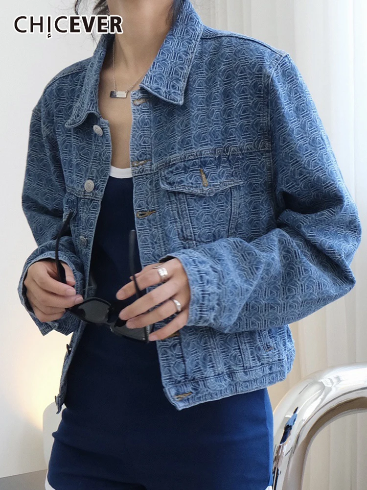 

CHICEVER Vintage Jacquard Denim Jackets For Women Lapel Collar Long Sleeve Straight Loose Jacket Female Spring Fashion Clothing
