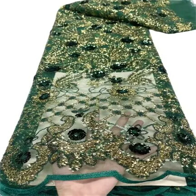 

Роскошная африканская кружевная ткань с блестками винно-красного цвета с зеленым 2023, высокое качество, 5 ярдов, нигерийские тяжелые бусины, вышитые сетчатые материалы