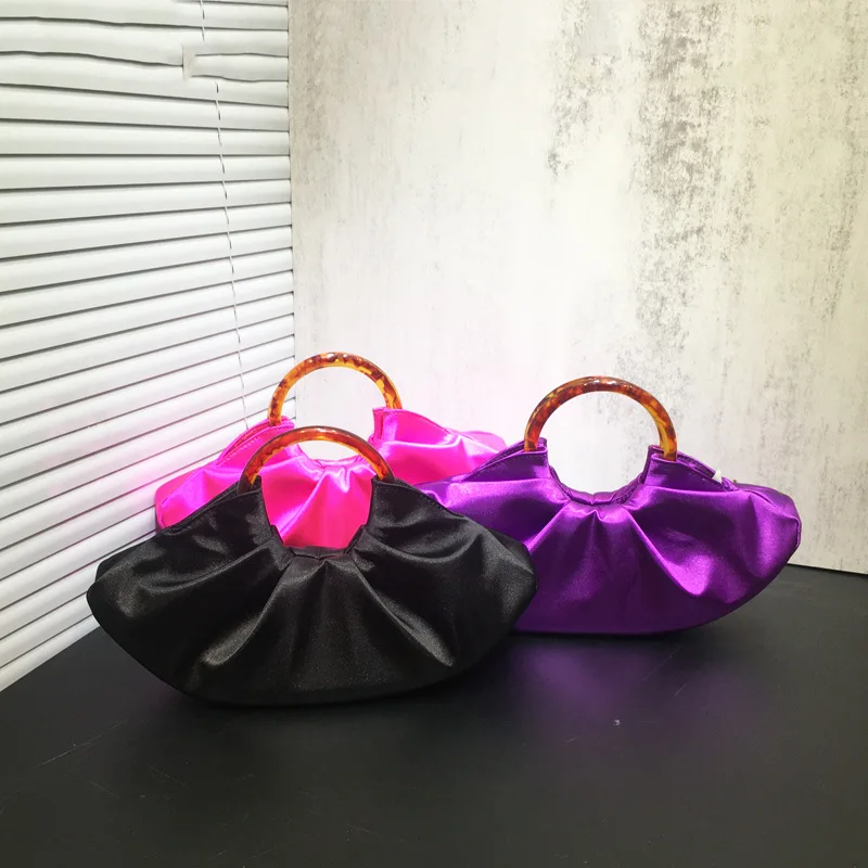 Pleated Satins Cloud Bags for Women Acrylic Round Handle Handbags Silk Evening Bag Party Wedding Purses Half Moon Dumpling Bags