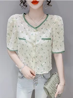shirts for women print button up shirt womens blouse korean fashion woman clothes 2022 summer short sleeve top roupas femininas