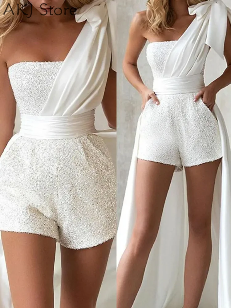 

Women Elegant Tied Detail Playsuit One Shoulder Lace-up Sequin Romper