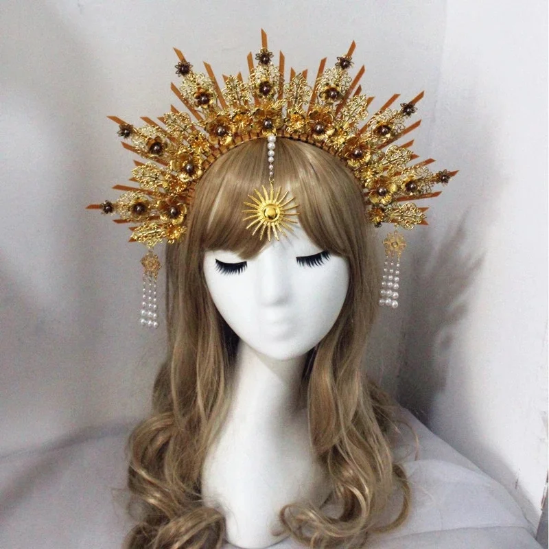 Goddess Met Gala Halo Crown Mary Headpiece Gold Sunburst Celestial Pregnancy Maternity Headpiece Tiara For Photoshoot DIY Kit