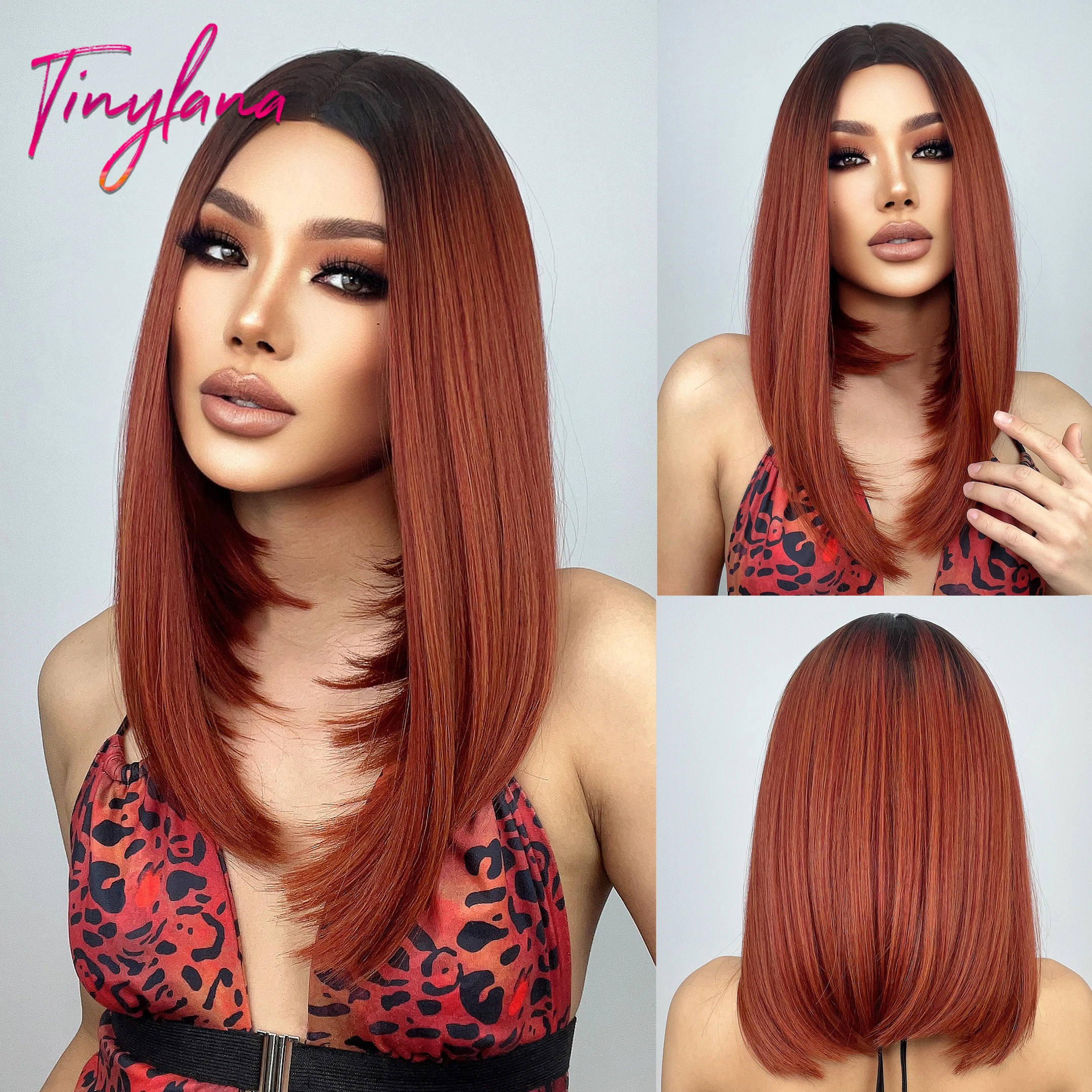 

Orange Red Brown Medium Straight Bob Synthetic Hair Wigs for Afro Women Middle Part Shoulder Length Natural Heat Resistant Wig
