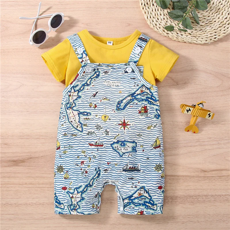 

Infant Baby Boy Summer Clothes Set, Short Sleeve Round Neck T-shirt + Cartoon Print Suspender Jumpsuit Overalls, 0-18Months