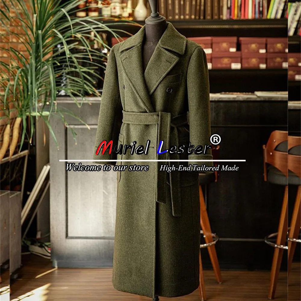 

Winter Men Trench Coat Long Green Tweed Blend Double Breasted Overcoat High Neck Full Sleeves Suit Jackets Custom Made Clothing