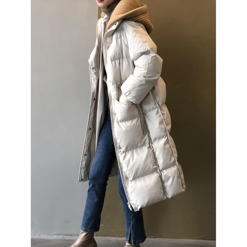 Winter New Cotton Jacket Women's Long Section Jacket Knitted Wool Cap Loose Hundred with Thickened Cotton Jacket Warm Jacket