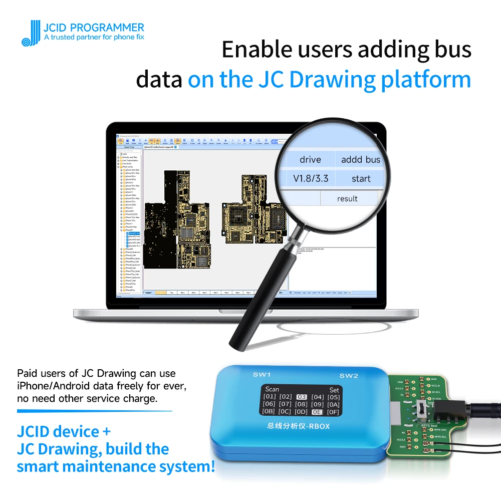 

Анализатор шины JCID RBOX, системная плата для телефона, обнаружение неисправностей сигнала, для IPhone, Android, используется с схемной JC, Bitmap