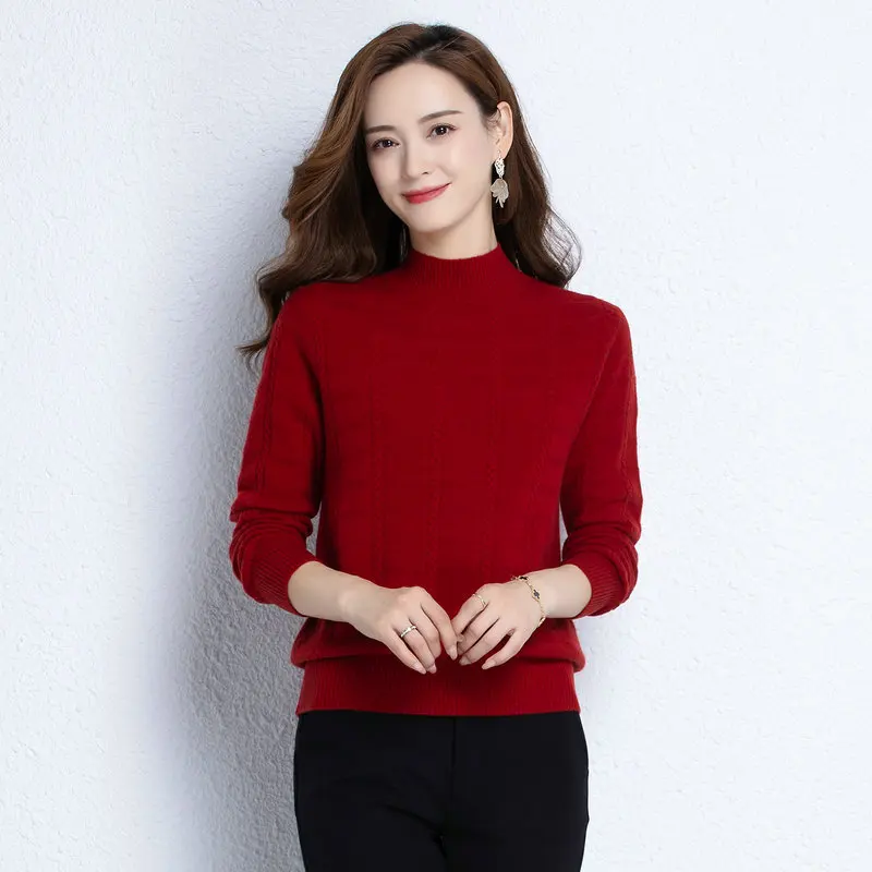 Red Black White Blue Camel Cashmere Sweaters Women Cosy Warm Sheep Wool Knitting Pullovers Ladies Mock Neck Sculptured Knitwear