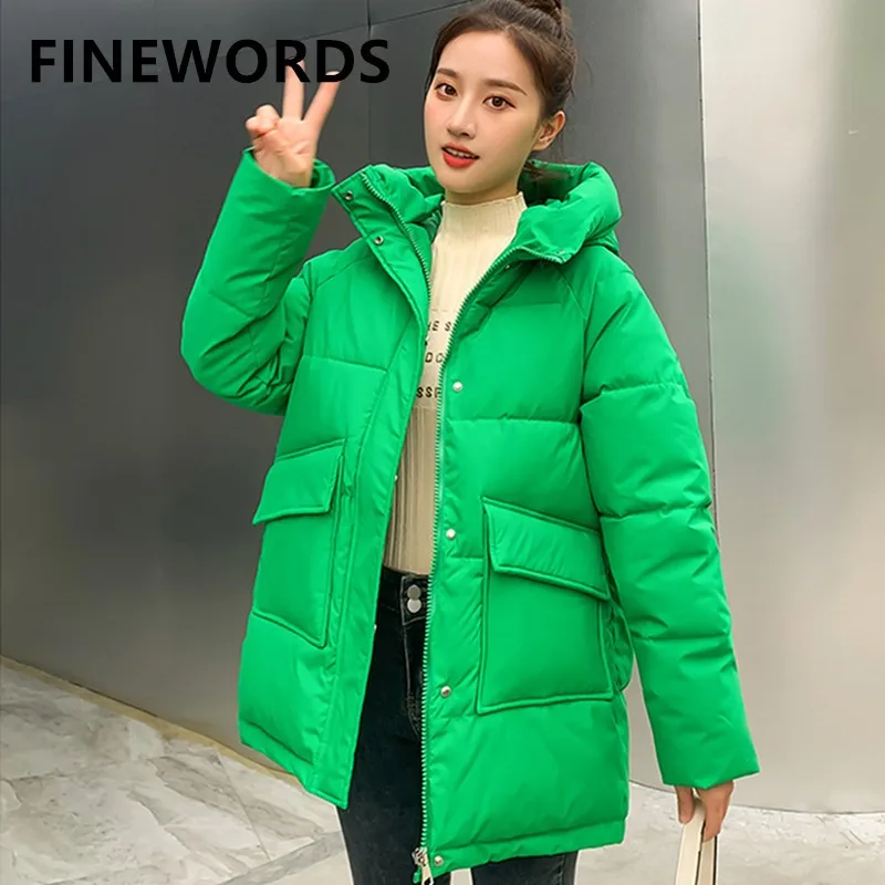 

FINEWORDS Korean Short Winter Coats Casual Streetwear Loose Warm Coats Thick Cotton Padded Coats Vintage Solid Down Jackets