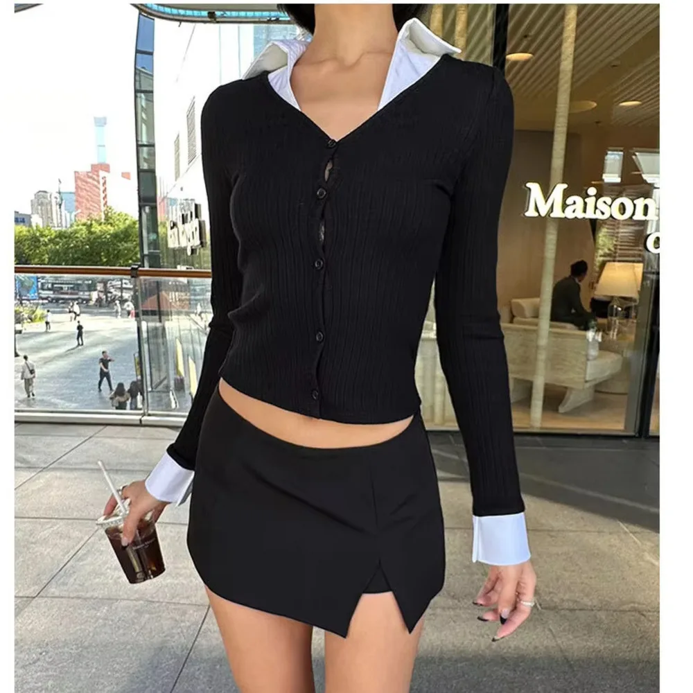 VanessaLab черный вязаный кардиган с имитацией двух частей Женский Осенний короткий