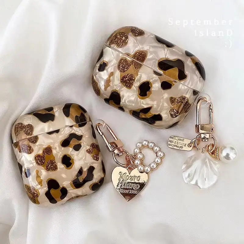 Luxury Headset Case For AirPods Pro 3 Retro Leopard Pattern Soft Earphone Case For AirPods 2/1 Cover With Cute Pearl Keychain