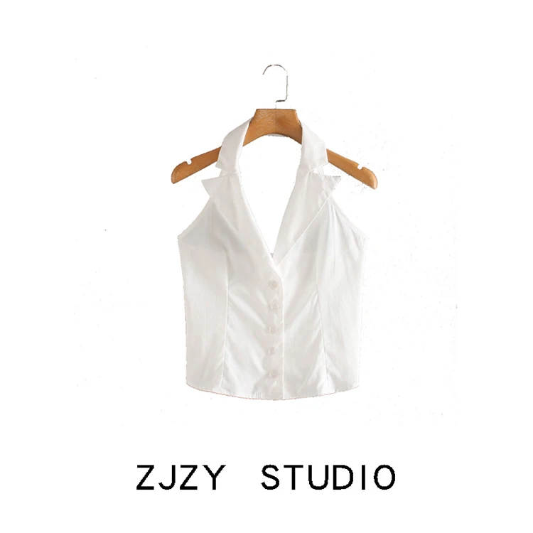 

European and American women's summer new style Lapel neck open back Shirt Top sleeveless versatile slim fit