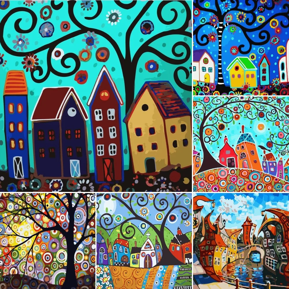 Cartoon Trees Painting By Numbers For Adults Kids Kits Hand Painted Drawing Canvas DIY Oil Coloring Paint Picture By Numbers