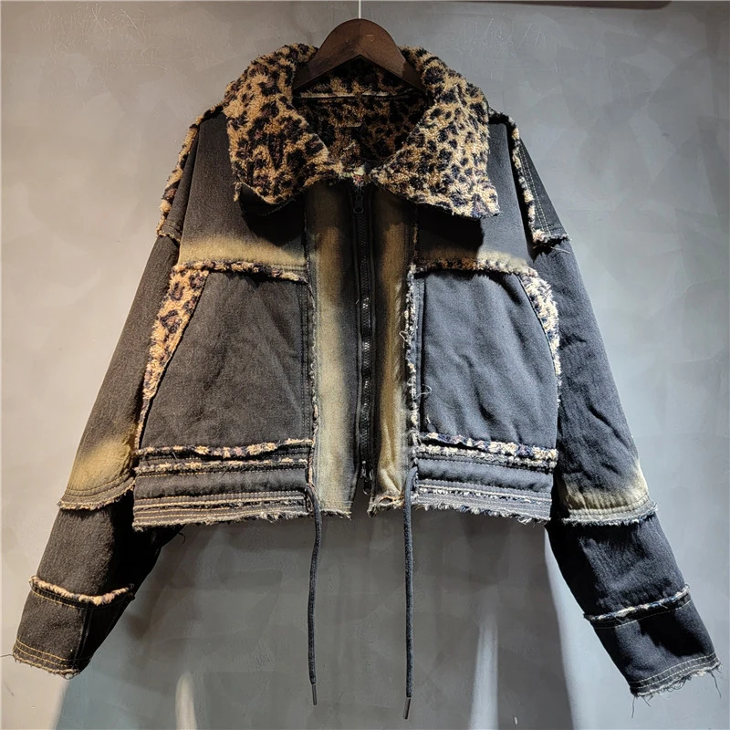 DEAT женское джинсовое пальто из плотного плюша с двусторонним леопардовым узором