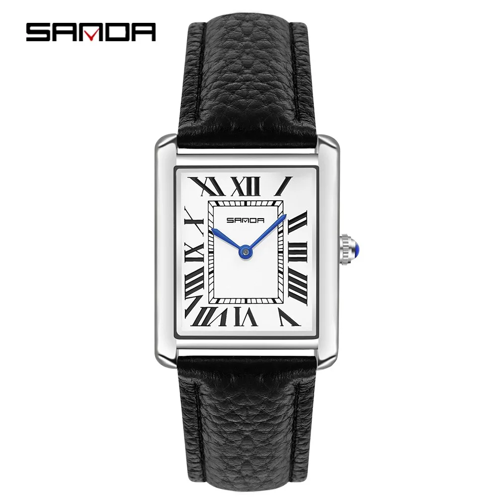 Sanda-Relojes de pulsera rectangulares para mujer, pulsera de cuero de lujo con caja plateada, reloj de cuarzo, Zegarek Damski