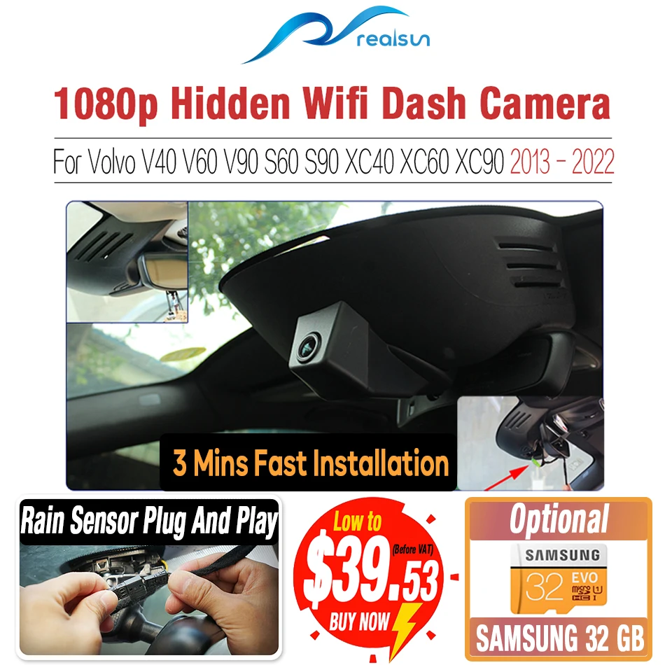 Видеорегистратор Realsun 1080P с двойной камерой, простая установка, Wi-Fi, для Volvo V40, V60, V90, S60, S90, XC40, XC60, XC90