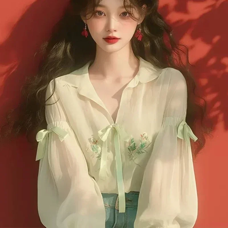 Шифоновая женская рубашка в китайском стиле летняя новая однотонная Корейская