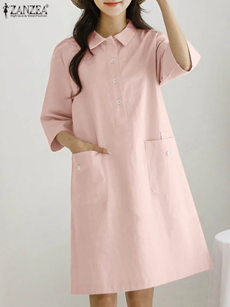 

Женское винтажное платье-рубашка ZANZEA 2022, повседневное свободное платье для работы, женский летний Однотонный сарафан с отложным воротником...