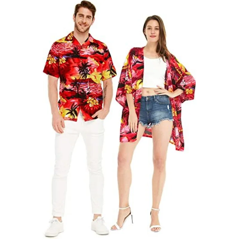 

Summer New Couple Outfit Hawaiian Beach Vacation Party Tropical Seaside Beach Coconut Tree Sunset Print Shirt Or Loose Kimono