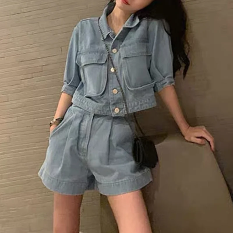 Women Two-piece Suit Set 2023 Spring New Style Street Fashion Denim Double Pocket Jacket Coat and Jeans Shorts Sweet Streetwear