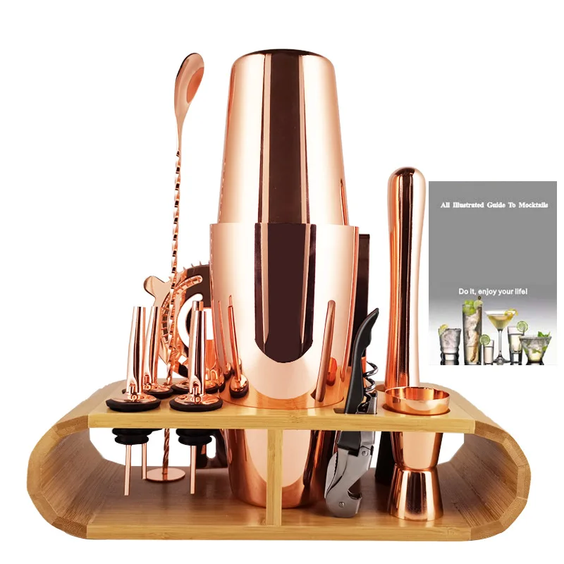 

800ml/750ml/600ml Stainless Steel Bar Cocktail Shaker Mixer Set Barware Tools Gold Boston Shaker Sets with Wooden Rack Stand