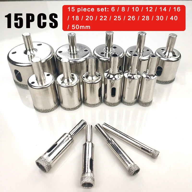 15pcs 6-50mm Diamond Coated Hss Drill Bit Set Tile Marble Glass Ceramic Hole Saw open Drilling Bits Diamond Core Bit