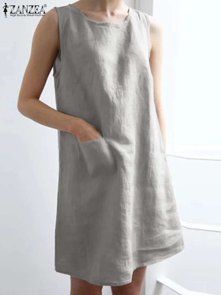 

Винтажное Хлопковое платье-чехол ZANZEA, летнее праздничное пляжное платье, модное свободное платье до колен, элегантные платья без рукавов с круглым вырезом