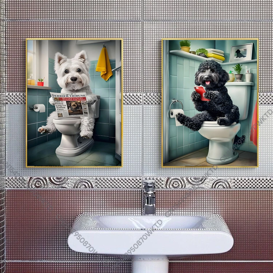 Забавная милая собака сидящая на туалете газета для чтения плакат принты
