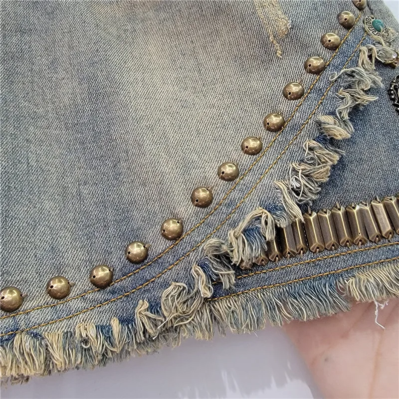 Summer 2023 Heavy Industry Beads Frayed Hot Drilling Straight Short Pants a-Line High Waist Wide Leg Slim Denim Shorts