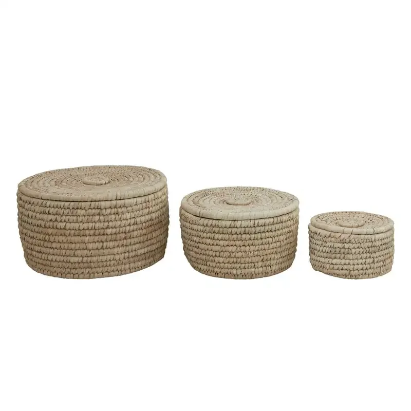 

Stylish Hand-Woven Grass & Date Leaf Baskets with Lids, Set of 3 from Creative Co-Op - Perfect for Home & Office Storage & Decor