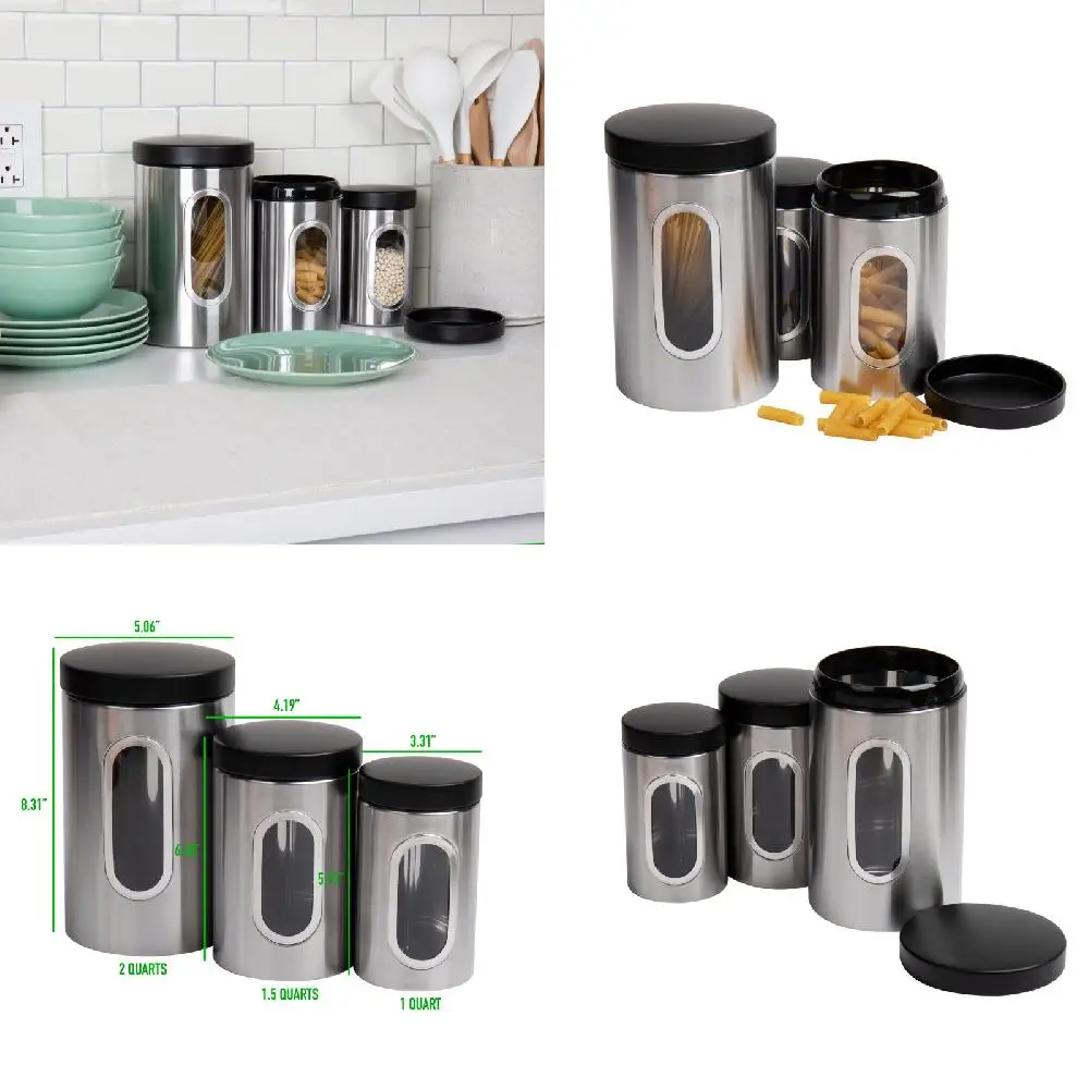 

- Perfect for Instant Food Storage Luxurious Silver 1,1.5,2 Qt Canister Set with Stylish Black Lid, Window and Ideal for Instant