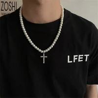 mens simulated pearl beads chain rhinestone cross pendant necklace women trendy choker necklace 2022 fashion jewelry collar