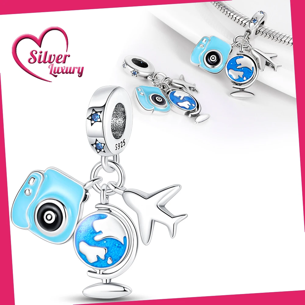 

925 пробы Серебряный Синий дорожный набор из трех предметов для браслета Пандора серебряные 925 оригинальные Подвески для изготовления ювелирных изделий